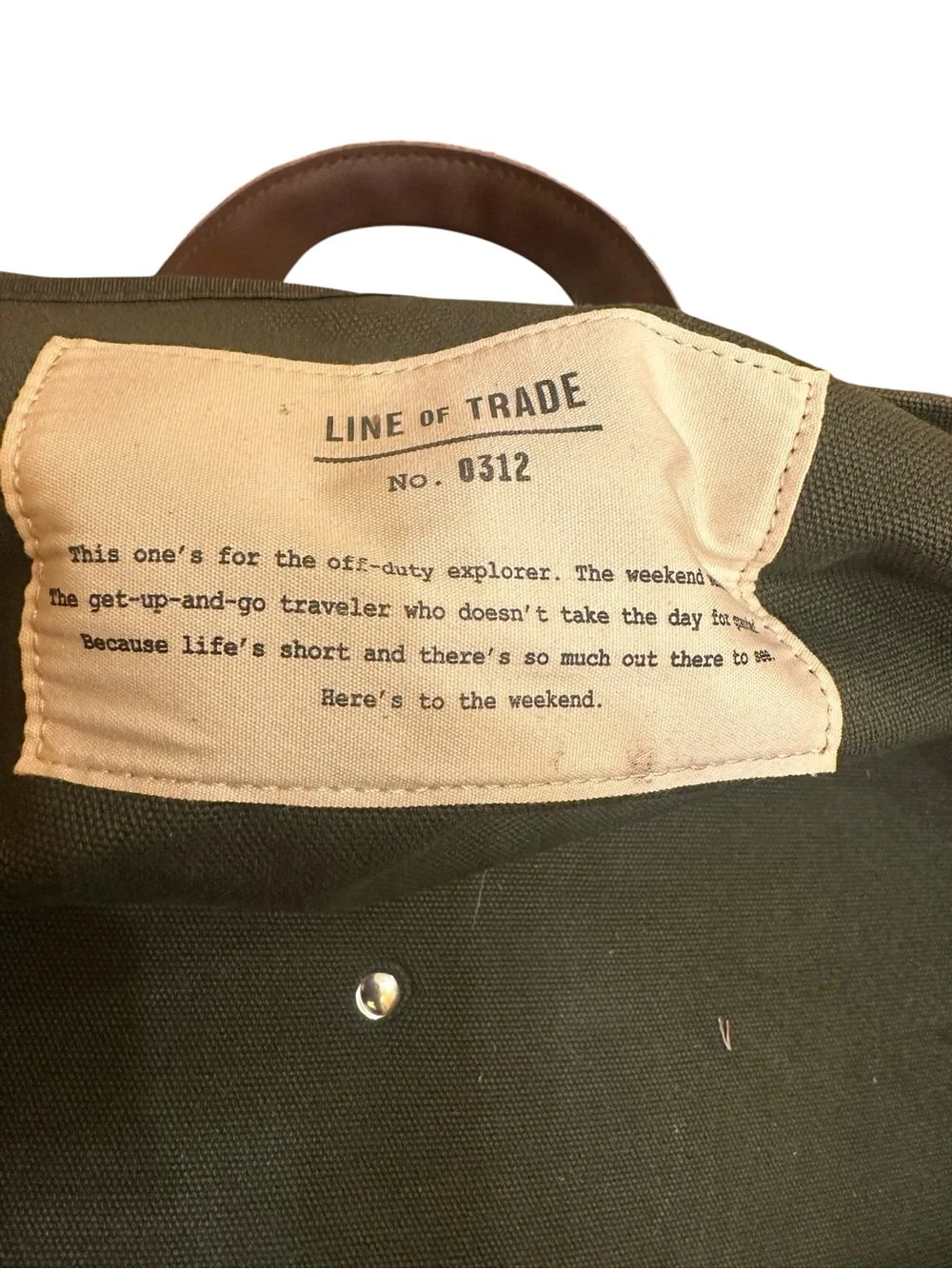 Line of Trade Olive Canvas Duffel Bag with Brown Leather Trim NWOT